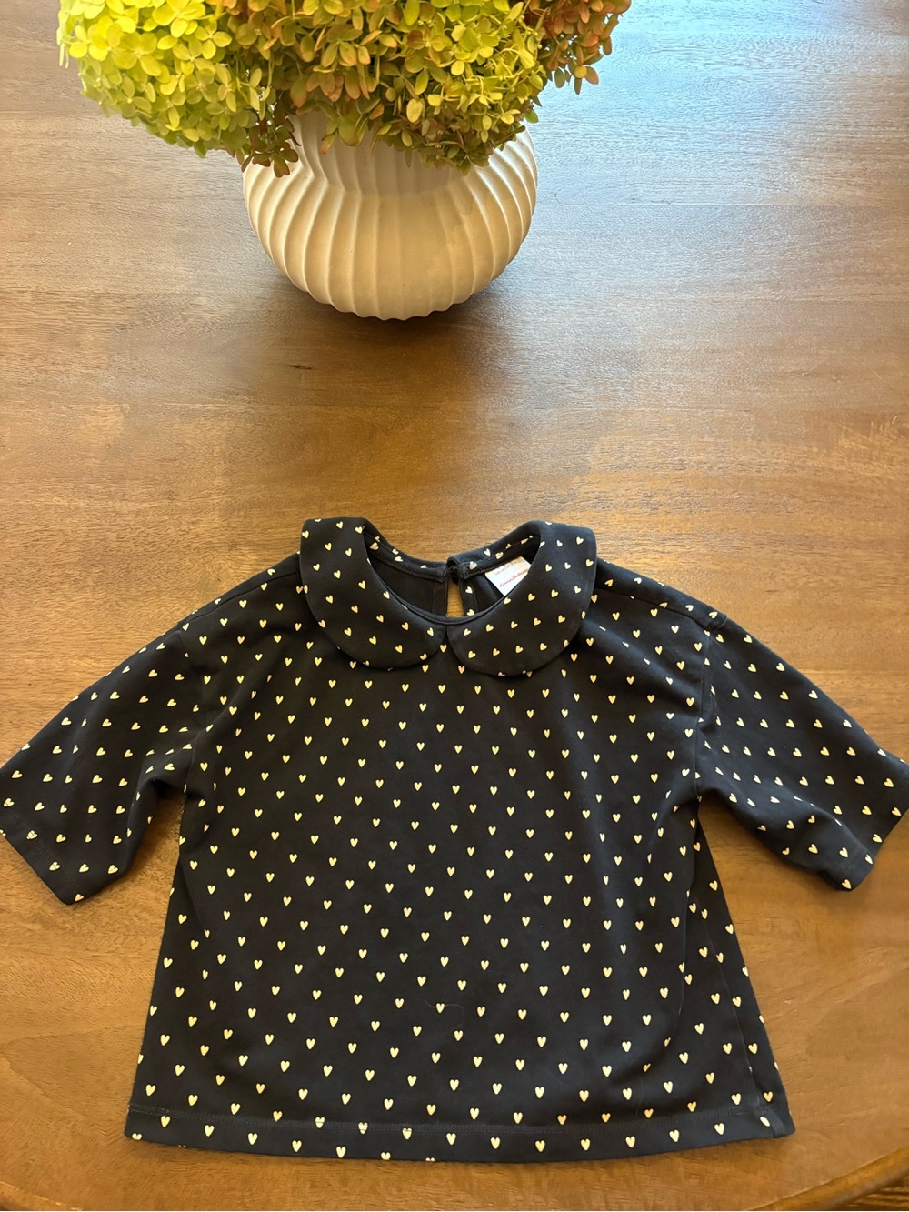 Hanna Andersson Black Top with Ivory Heart Print and Peter Pan Collar